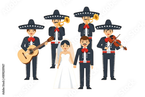 Mariachi band with bride and groom, traditional Mexican wedding party, vector illustration for poster or banner