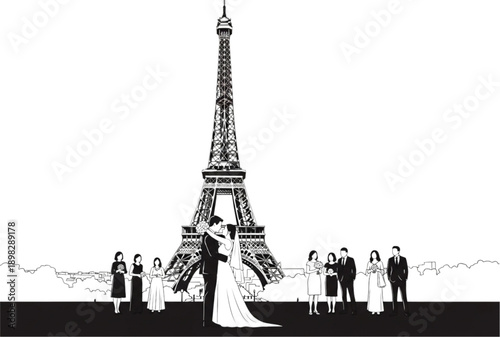Black and white vector illustration of a wedding couple in front of Eiffel Tower with friends, for poster or banner, Isolated on transparent background, png