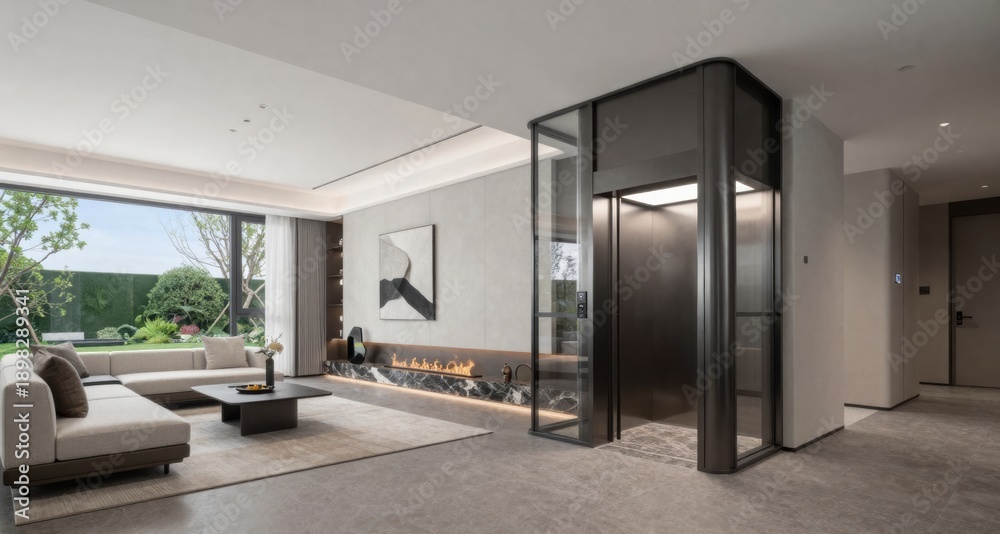 Fototapeta premium Modern Living Room with Home Elevator, Fireplace, and Garden View in a Luxurious Residence