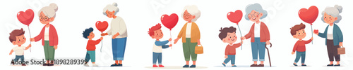 vector of a grandchild giving a valentine love balloon to grandmother
