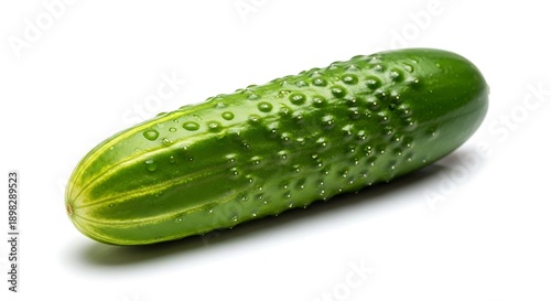 Fresh Green Cucumber with Water Droplets on White