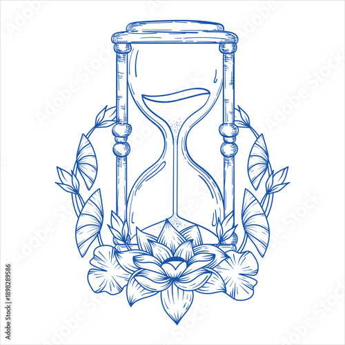 Artistic hourglass illustration with beautiful floral frame Vector