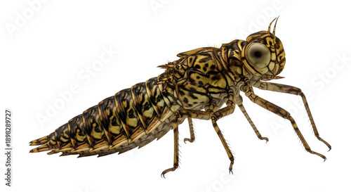 Dragonfly nymph isolated on white background, aquatic insect larva with detailed exoskeleton, macro view of dragonfly naiad for biology and nature study