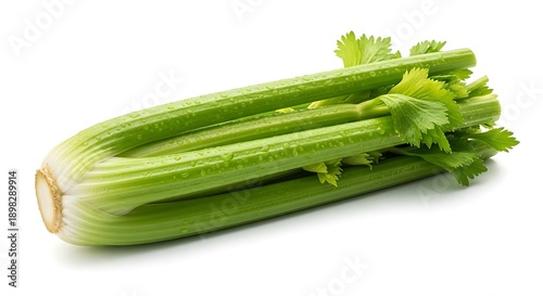 Fresh Celery Sticks with Leaves on White Background