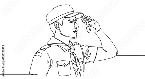scout looking ahead with hand on hat