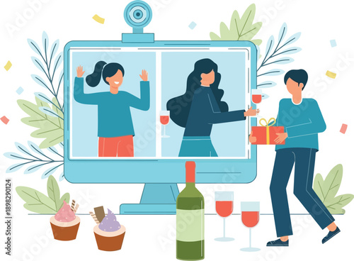 Virtual Birthday Party via Video Call with People Toasting and Sending Gifts on Computer Screen