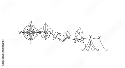 compass, tent and fleur de lis hiking illustration