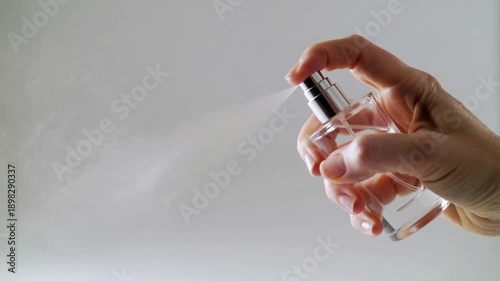 Hand spraying perfume fragrance mist on air clear bottle with silver cap