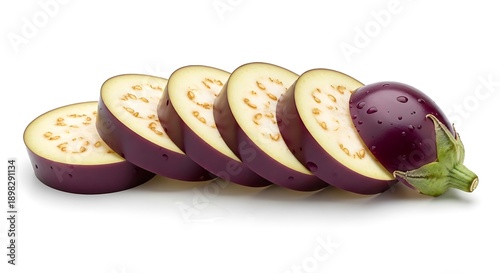 Sliced Eggplant with Green Leaf on White Background