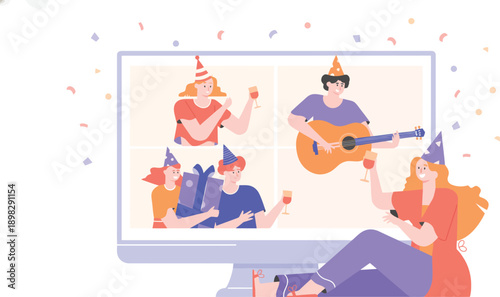 Online Virtual Birthday Party Illustration with Friends Celebrating via Video Call on a Monitor