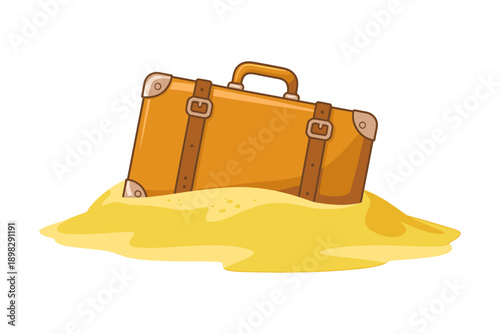 Cartoon brown leather suitcase half buried in yellow sand on white background