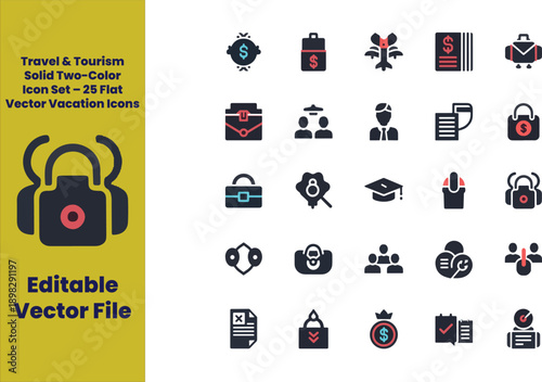 Travel & Tourism Solid Two-Color Icon Set – 25 Flat Vector Vacation Icons