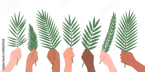 Diverse hands holding green palm leaves in a row