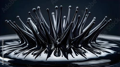 Black ferrofluid liquid forming sharp magnetic spikes
​Abstract macro of magnetic liquid ink in motion
