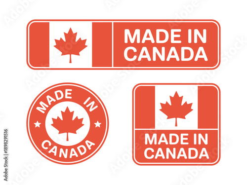 Red made in Canada labels and stamps with maple leaf flag  business icons