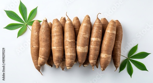 Cassava Roots Arranged with Leaves on White Background