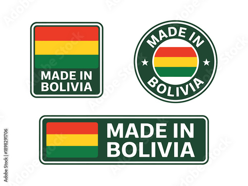 Made in bolivia stamps and labels with bolivian flag  various shapes and designs