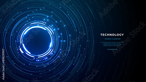 Futuristic digital portal frame with bright neon rings and circuit wires extending across blue tech background, creating interface design. AI innovation concept. Digital blue technology background.