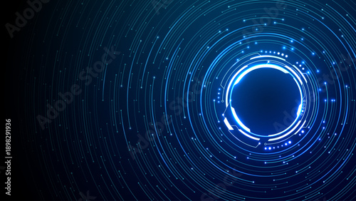 Luminous HUD interface over microchip surface. Futuristic semiconductor design with glowing processor elements, digital networks, and advanced technological patterns.