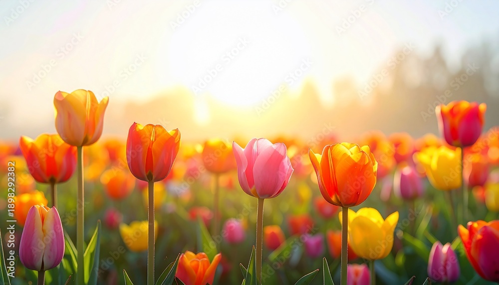 Fototapeta premium Sunlit field of colorful tulips in bloom against a bright, hazy, morning sky