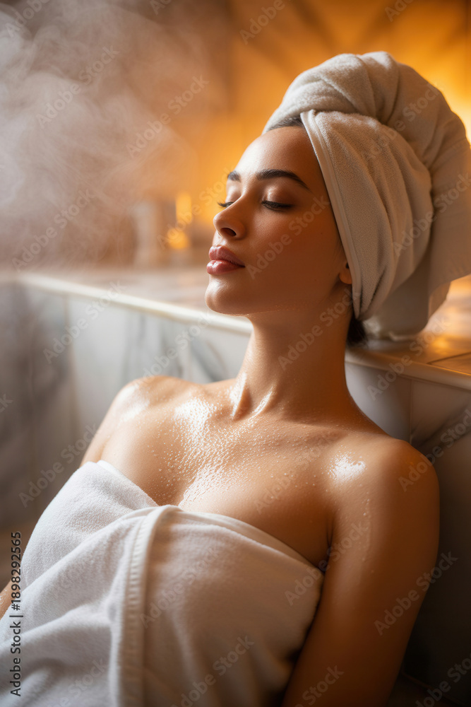 Fototapeta premium Woman with towel and head wrap relaxes in bath with steam and marble surface in background