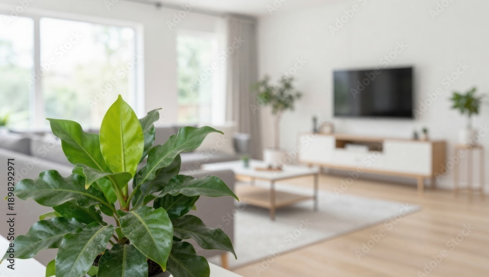 Fototapeta premium Modern Living Room Interior with Houseplant, Comfortable Sofa, and Natural Light in a Minimalist Design