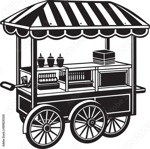 Vintage street food cart with striped awning and wooden wheels isolated black vector art