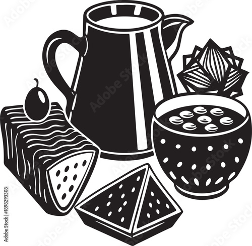 Breakfast set with coffee pitcher bowl of cereal and piece of cake black vector graphic