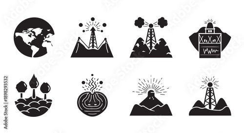 Black icons depicting environmental and industrial themes with global impact