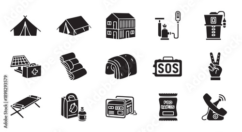 Emergency response icons for disaster relief and survival