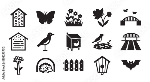 Set of black wildlife and nature icons including birds and flowers