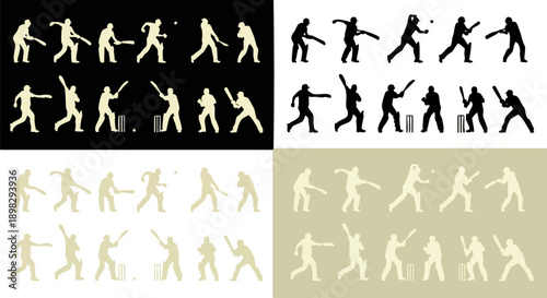 Collection of stylized cricket player action silhouette sprites demonstrating batting and bowling sequences on white background