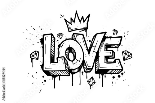 Love word graffiti style typography with crown and diamonds urban illustration