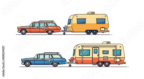 Colorful collection of vintage cartoon vehicles including cars and vans