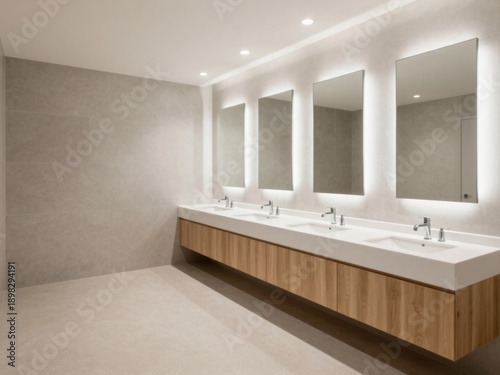 Modern Public Restroom with Stylish Mirrors and Wood Cabinets, Clean Design and Contemporary Architecture