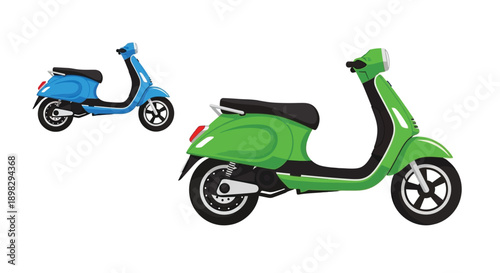 Two colorful scooters one blue and one green shown in profile view