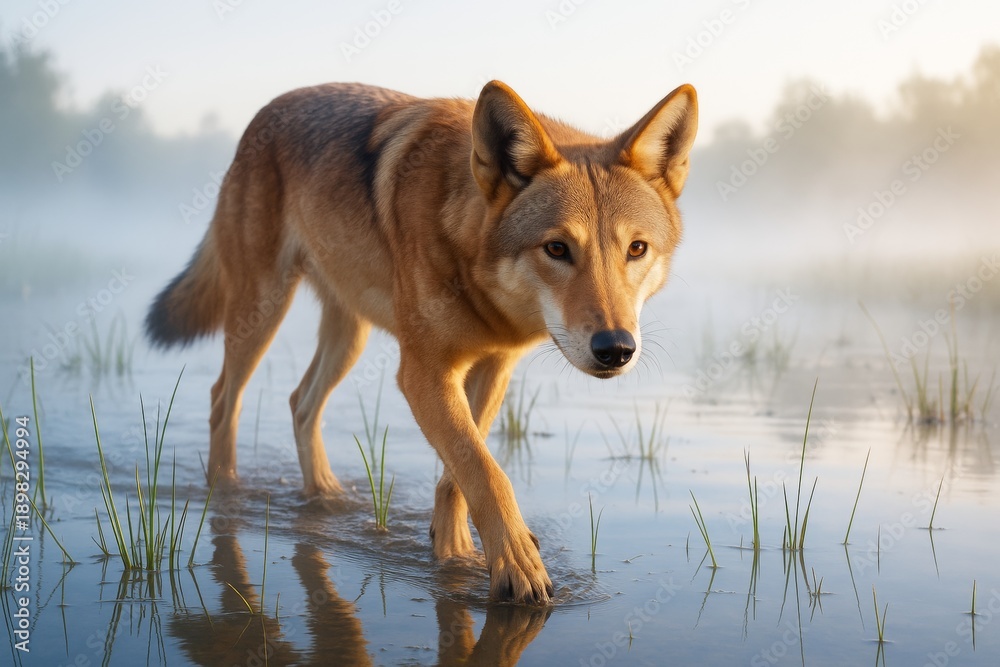 Naklejka premium Majestic wild canine walking through shallow water at sunrise with misty forest background and soft golden light highlighting natural beauty. Ai generative