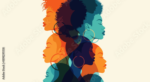 Vibrant overlapping profile silhouettes of diverse black women with natural hair create an artistic statement on white background