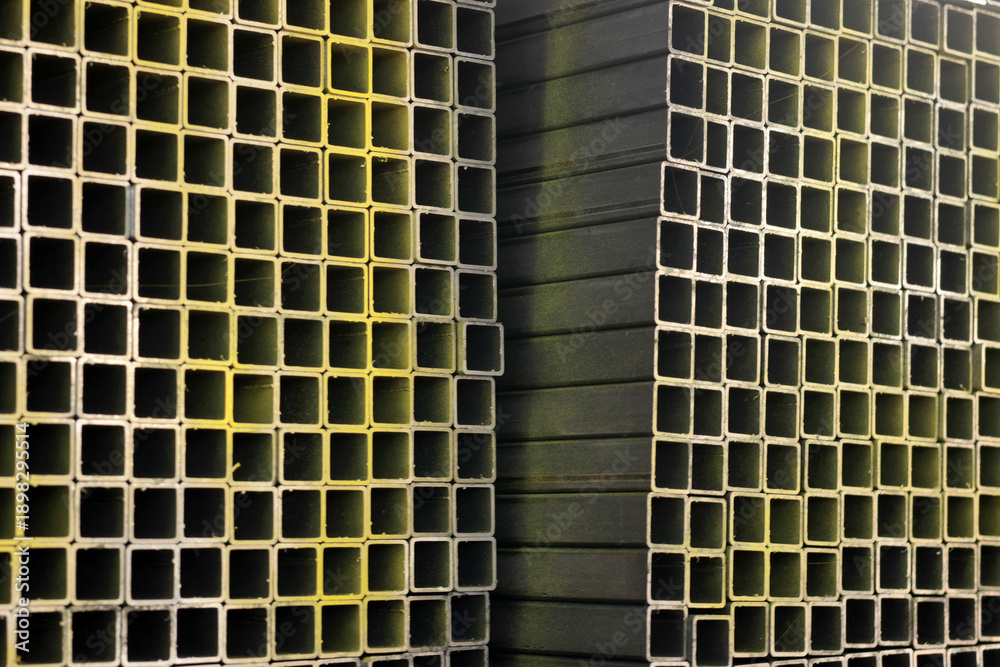 Obraz premium Close-up of stacked square steel hollow section profiles with clean cut edges stored inside an industrial metal warehouse