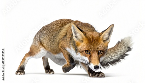 Vibrant Red Fox in Predatory Stance on White Background