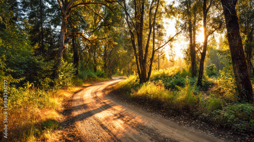 Obraz premium Serene winding dirt road through sunlit forest with lush green foliage and tall trees casting long shadows at golden hour in nature reserve or park