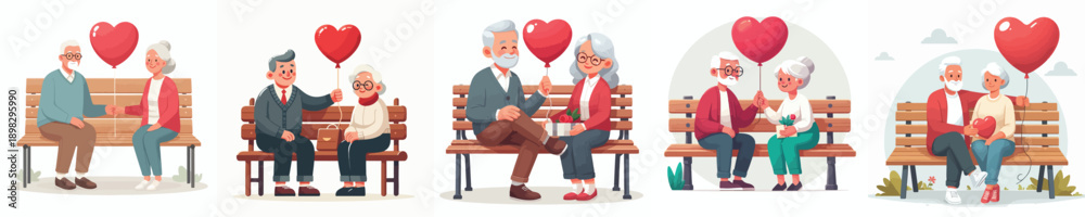 Fototapeta premium vector of a old couple sitting on a park bench giving valentine love balloons