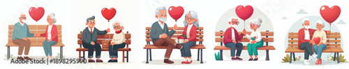 vector of a old couple sitting on a park bench giving valentine love balloons