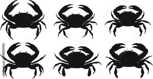 Set of crab silhouettes in different poses isolated on white background, black sea animal shapes for seafood, marine, and wildlife design concepts