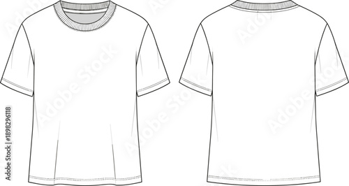 Blank t-shirt technical drawing showing front and back views, apparel fashion template line illustration for clothing design, printing, and manufacturing concepts