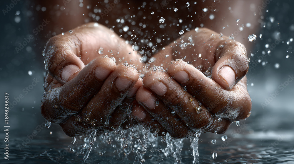 Fototapeta premium Hands water droplets splash skin closeup cupped dark wet refreshing clean liquid purity light particles Hands cupped together