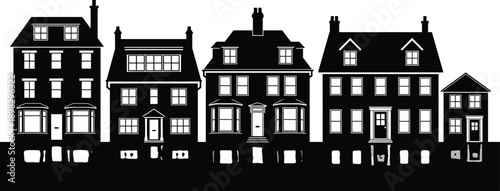 Residential house silhouettes showing classic urban home facades, neighborhood building illustration for real estate, architecture, housing, and city lifestyle concepts