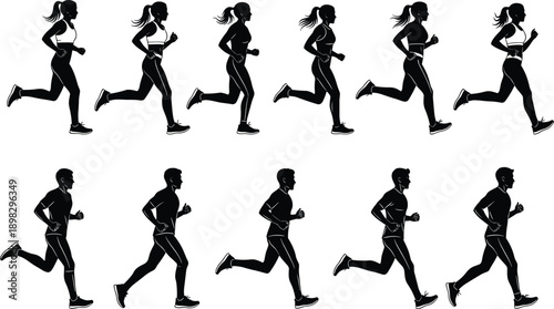 Running people silhouettes set showing male and female joggers in motion, fitness exercise illustration for sport, training, health, and active lifestyle concepts