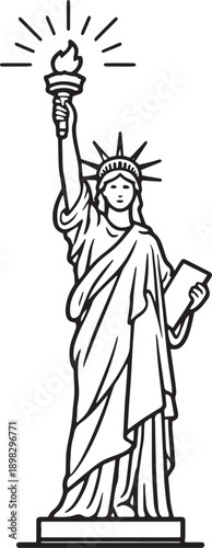 Statue of Liberty with torch rays – Freedom and USA landmark line art vector illustration