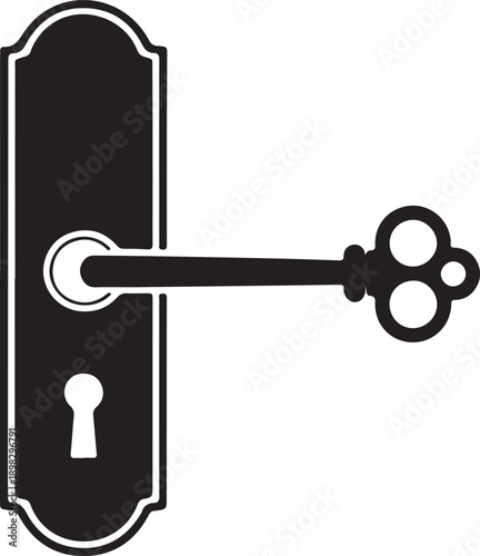 Vintage Black Door Knob with Skeleton Key on Light Gray Background